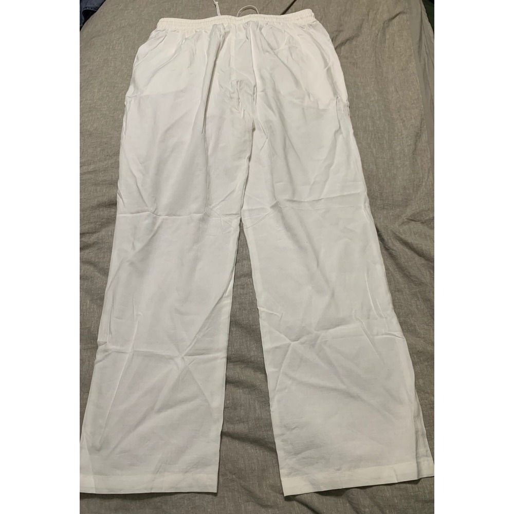 Coofandy Pants Mens‎ L White Cotton Linen Blend Drawstring Elastic Waist Casual